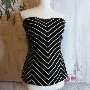 White House | Black Market Black w. White Chevron Lines Ruffle Trim Corset M